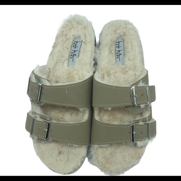 Nicole Miller New York Taupe Faux Fur Lined Double Strap Buckle Slide Sandals - Picture 2 of 5